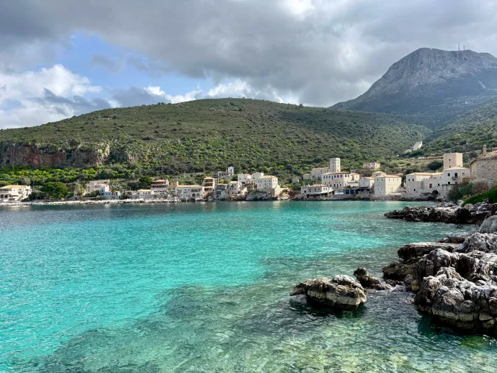 The blue waters of Limeni Bay