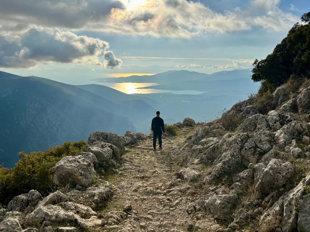 Sunset view over they valley of Delphi along the E4